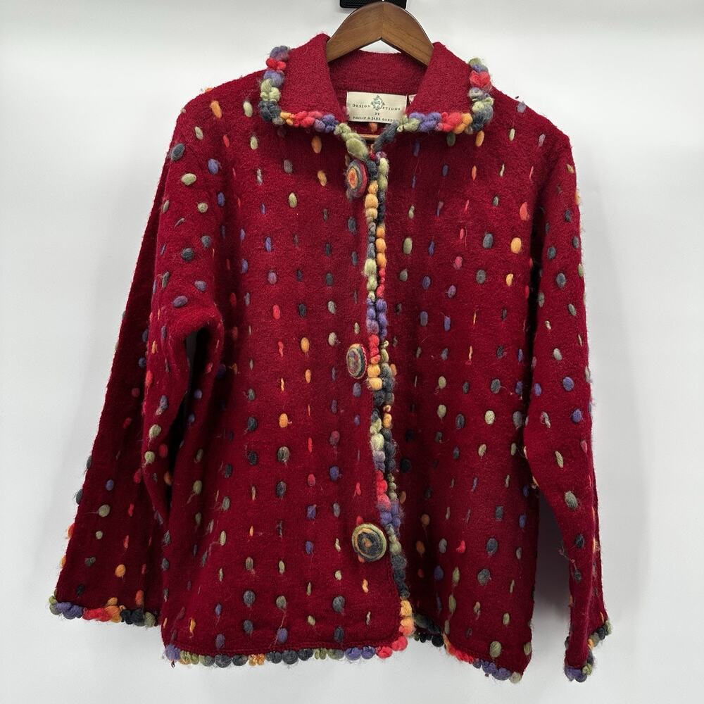 Design Options Cardigan Sweater Womens Large Red Multicolor Art Button‎ Wool